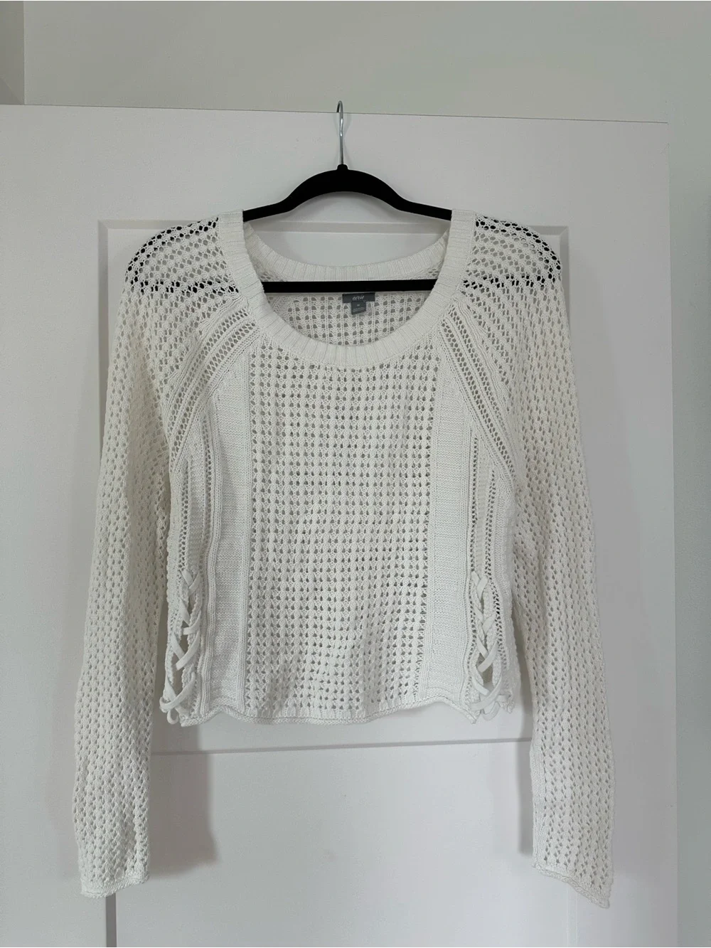 aerie White Open-Knit Scoop Neck Sweater